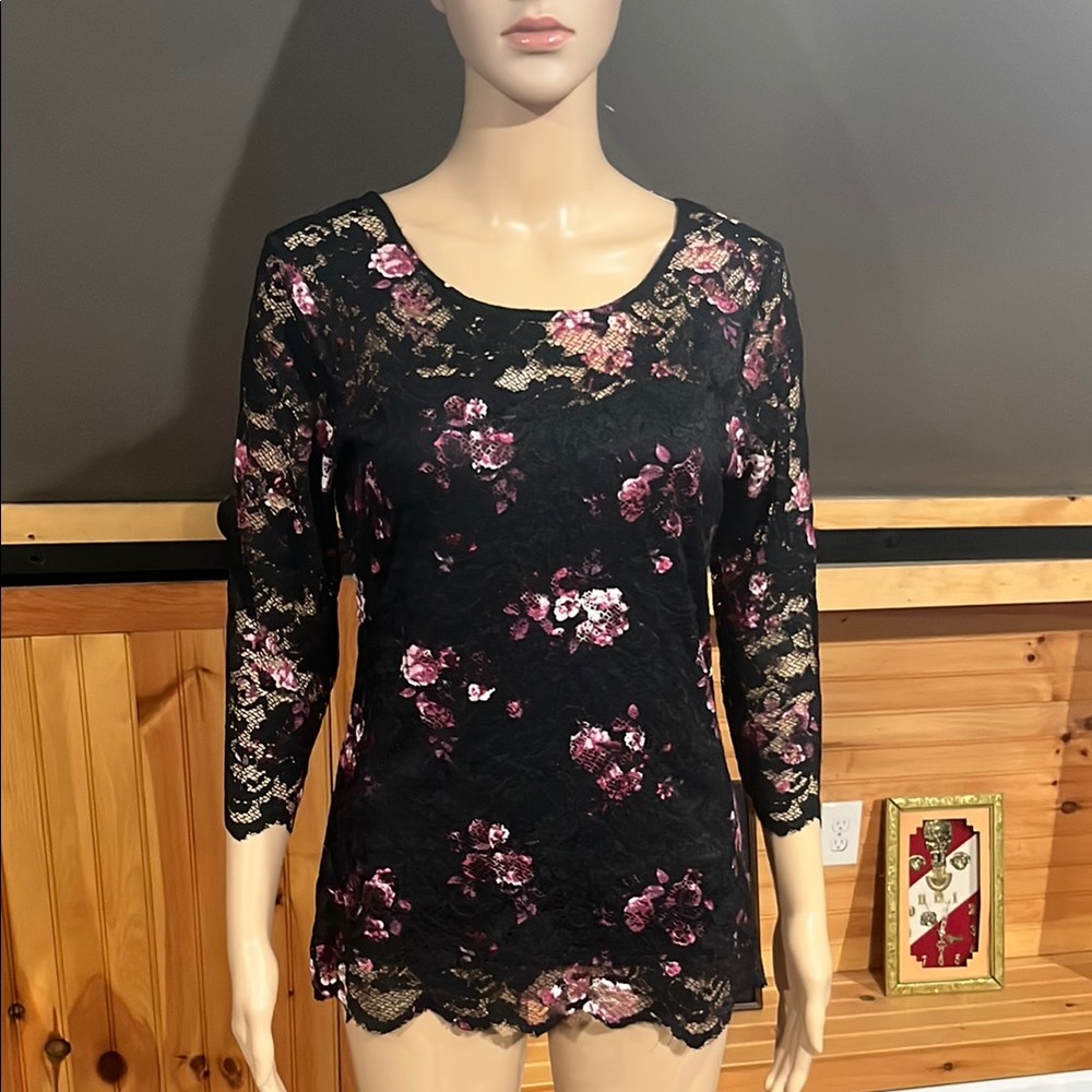 Elegant Black Lace Top with Pink Floral Design